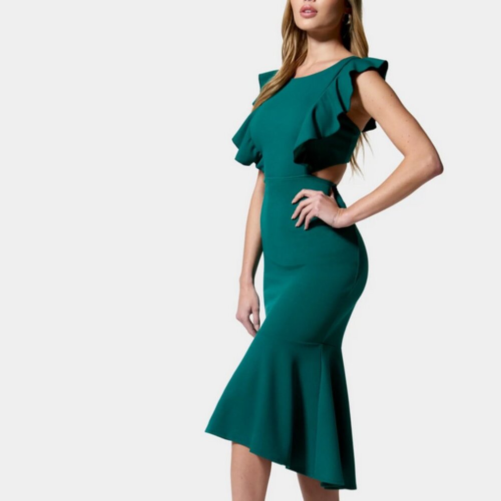BEBE Open Back Ruffle Midi Dress - Picture 2 of 6